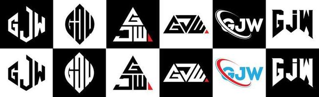 gjw brev logotyp design i sex stil. gjw polygon, cirkel, triangel, sexhörning, platt och enkel stil med svart och vit Färg variation brev logotyp uppsättning i ett rittavla. gjw minimalistisk och klassisk logotyp vektor