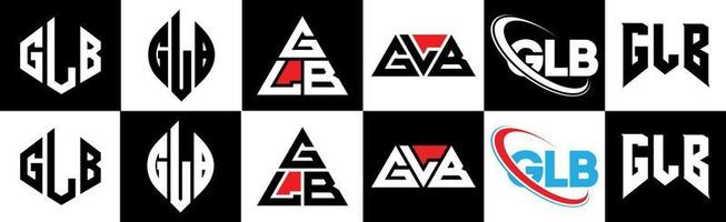 glb brev logotyp design i sex stil. glb polygon, cirkel, triangel, sexhörning, platt och enkel stil med svart och vit Färg variation brev logotyp uppsättning i ett rittavla. glb minimalistisk och klassisk logotyp vektor