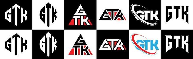 gtk-Buchstaben-Logo-Design in sechs Stilen. gtk polygon, kreis, dreieck, sechseck, flach und einfacher stil mit schwarz-weißem buchstabenlogo in einer zeichenfläche. gtk minimalistisches und klassisches logo vektor