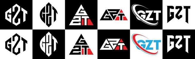 gzt-Buchstaben-Logo-Design in sechs Stilen. gzt Polygon, Kreis, Dreieck, Sechseck, flacher und einfacher Stil mit schwarz-weißem Buchstabenlogo in einer Zeichenfläche. gzt minimalistisches und klassisches Logo vektor
