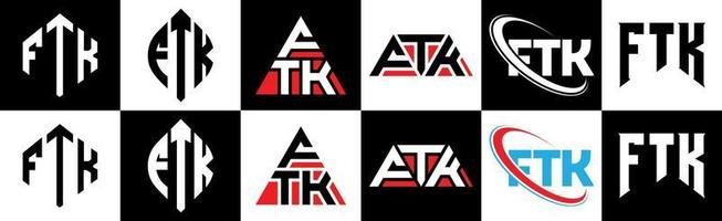 ftk-Buchstaben-Logo-Design in sechs Stilen. ftk Polygon, Kreis, Dreieck, Sechseck, flacher und einfacher Stil mit schwarz-weißem Buchstabenlogo in einer Zeichenfläche. ftk minimalistisches und klassisches Logo vektor