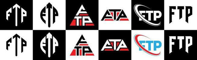 FTP-Brief-Logo-Design in sechs Stilen. ftp-Polygon, Kreis, Dreieck, Sechseck, flacher und einfacher Stil mit schwarz-weißem Buchstabenlogo in einer Zeichenfläche. ftp minimalistisches und klassisches Logo vektor
