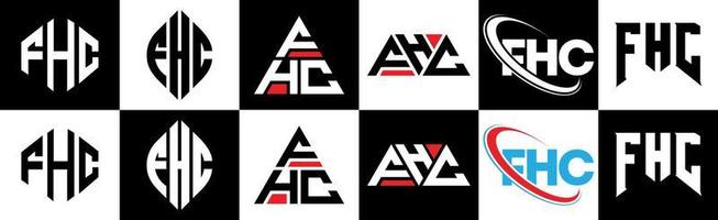 fhc-Buchstaben-Logo-Design in sechs Stilen. fhc polygon, kreis, dreieck, sechseck, flacher und einfacher stil mit schwarz-weißem buchstabenlogo in einer zeichenfläche. fhc minimalistisches und klassisches Logo vektor