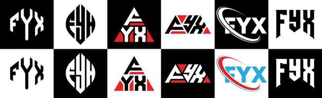 fyx-Buchstaben-Logo-Design in sechs Stilen. fyx Polygon, Kreis, Dreieck, Sechseck, flacher und einfacher Stil mit schwarz-weißem Buchstabenlogo in einer Zeichenfläche. fyx minimalistisches und klassisches Logo vektor