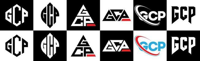 gcp-Buchstaben-Logo-Design in sechs Stilen. gcp polygon, kreis, dreieck, sechseck, flacher und einfacher stil mit schwarz-weißem buchstabenlogo in einer zeichenfläche. gcp minimalistisches und klassisches logo vektor