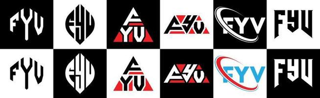 fyv-Buchstaben-Logo-Design in sechs Stilen. fyv polygon, kreis, dreieck, sechseck, flacher und einfacher stil mit schwarz-weißem buchstabenlogo in einer zeichenfläche. fyv minimalistisches und klassisches logo vektor