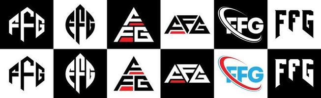 ffg-Buchstaben-Logo-Design in sechs Stilen. ffg Polygon, Kreis, Dreieck, Sechseck, flacher und einfacher Stil mit schwarz-weißem Buchstabenlogo in einer Zeichenfläche. ffg minimalistisches und klassisches Logo vektor