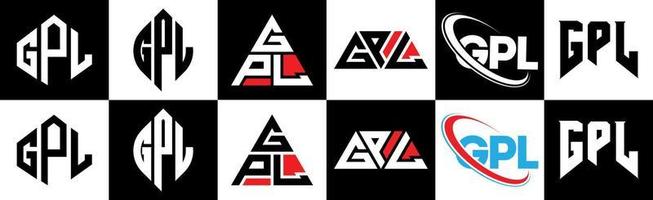 Gpl-Brief-Logo-Design in sechs Stilen. gpl polygon, kreis, dreieck, sechseck, flacher und einfacher stil mit schwarz-weißem buchstabenlogo in einer zeichenfläche. gpl minimalistisches und klassisches logo vektor