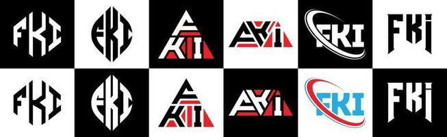 fki-Buchstaben-Logo-Design in sechs Stilen. fki polygon, kreis, dreieck, sechseck, flacher und einfacher stil mit schwarz-weißem buchstabenlogo in einer zeichenfläche. fki minimalistisches und klassisches Logo vektor