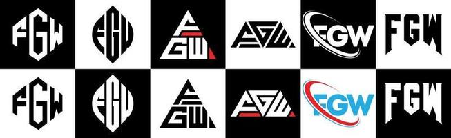 fgw-Buchstaben-Logo-Design in sechs Stilen. fgw Polygon, Kreis, Dreieck, Sechseck, flacher und einfacher Stil mit schwarz-weißem Buchstabenlogo in einer Zeichenfläche. fgw minimalistisches und klassisches Logo vektor