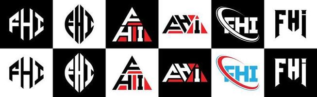 fhi-Buchstaben-Logo-Design in sechs Stilen. fhi polygon, kreis, dreieck, sechseck, flacher und einfacher stil mit schwarz-weißem buchstabenlogo in einer zeichenfläche. fhi minimalistisches und klassisches logo vektor