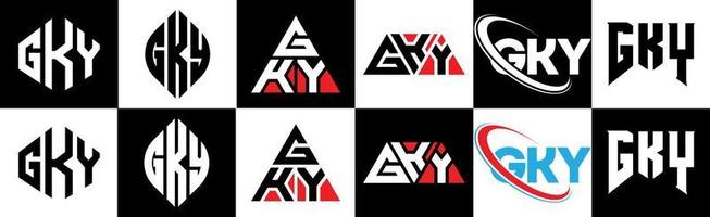 gky-Buchstaben-Logo-Design in sechs Stilen. gky polygon, kreis, dreieck, sechseck, flacher und einfacher stil mit schwarz-weißem buchstabenlogo in einer zeichenfläche. gky minimalistisches und klassisches Logo vektor