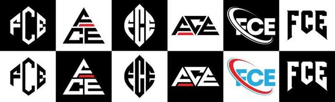 fce-Buchstaben-Logo-Design in sechs Stilen. fce polygon, kreis, dreieck, sechseck, flacher und einfacher stil mit schwarz-weißem buchstabenlogo in einer zeichenfläche. fce minimalistisches und klassisches Logo vektor