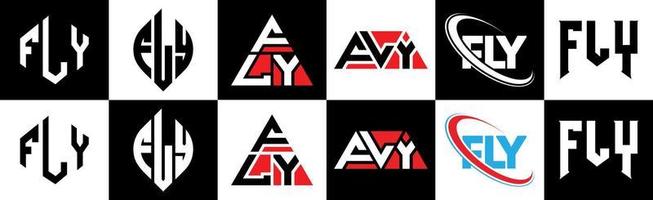 Fly-Brief-Logo-Design in sechs Stilen. Fliegenpolygon, Kreis, Dreieck, Sechseck, flacher und einfacher Stil mit schwarz-weißem Buchstabenlogo in einer Zeichenfläche. Fliegen Sie minimalistisches und klassisches Logo vektor