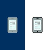 mobile bildungszelle codierungssymbole flach und linie gefüllt icon set vektor blauen hintergrund