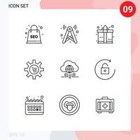 Stock Vector Icon Pack mit 9 Zeilen Zeichen und Symbolen zum Einstellen von Commerce Wifi e Cart editierbare Vektordesign-Elemente