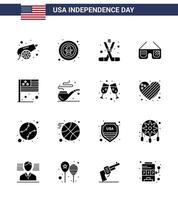 16 usa Solid Glyph Pack of Independence Day Zeichen und Symbole von usa Brillenabzeichen Sonnenbrillen amerikanisch editierbare usa Day Vektordesign-Elemente vektor