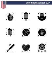 Lycklig oberoende dag packa av 9 fast glyfer tecken och symboler för dag boll keps basketboll mat redigerbar USA dag vektor design element