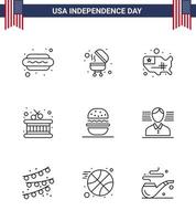 große packung mit 9 usa glücklicher unabhängigkeitstag usa vektorlinien und editierbare symbole der usa essen staaten burger instrument editierbare usa tag vektordesignelemente vektor