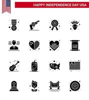 Packung mit 16 USA-Unabhängigkeitstag-Feier solide Glyphen-Zeichen und 4. Juli-Symbole wie Flaggenmann-Abzeichen Thanksgiving American editierbare USA-Tag-Vektordesign-Elemente vektor