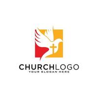 Kirchenlogo. christliche symbole. das Kreuz Jesu, das Feuer des Heiligen Geistes und die Taube. vektor