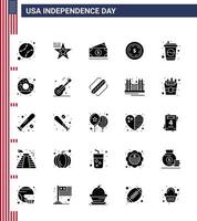 Aktienvektor-Icon-Pack mit amerikanischen Tag 25 soliden Glyphen-Zeichen und Symbolen für Getränkeflaschen-Dollar-Maony amerikanische editierbare usa-Tag-Vektordesign-Elemente vektor