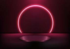 3D-realistischer Podestsockel mit Glühscheinwerfer und leerer roter Neonlichtkreiskulisse auf dunklem Hintergrund vektor