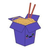 asiatische wok-box mit ramen-nudel-zeichentrickfigur. isolierte Vektor-Ramen-Persönlichkeit. Happy Fast Food positives Emoji, lustige Kawaii-Mahlzeit in Kartonverpackung vektor