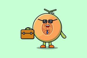 söt tecknad serie melon affärsman innehav resväska vektor