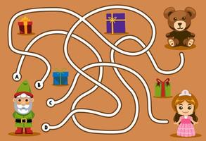 Labyrinth-Puzzle-Spiel für Kinder mit niedlichem Cartoon-Gnom-Teddybär und Puppe zum ausdrucken Winterarbeitsblatt vektor