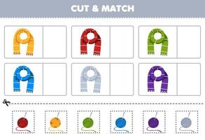 utbildning spel för barn skära och match de samma Färg av söt tecknad serie scarf tryckbar vinter- kläder kalkylblad vektor