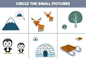 utbildning spel för barn cirkel de små bild av söt tecknad serie berg rådjur träd pingvin igloo kälke tryckbar vinter- kalkylblad vektor