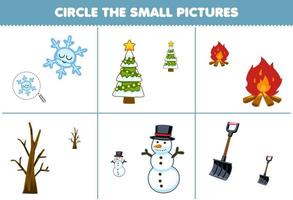 utbildning spel för barn cirkel de små bild av söt tecknad serie snöflinga jul träd bål gren snögubbe skyffel tryckbar vinter- kalkylblad vektor