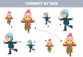 pedagogisk spel för barn ansluta förbi de storlek av söt tecknad serie pojke och flicka spelar is skridskoåkning tryckbar vinter- kalkylblad vektor