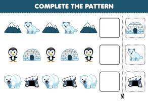 utbildning spel för barn skära och komplett de mönster av varje rad från en söt tecknad serie berg arktisk räv pingvin igloo polär Björn håla kalkylblad vektor