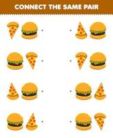 Bildungsspiel für Kinder Verbinden Sie das gleiche Bild von niedlichen Cartoon-Pizza und Burger-Paar zum Ausdrucken Lebensmittel Arbeitsblatt vektor