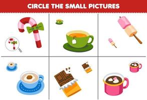Bildungsspiel für Kinder Kreisen Sie das kleine Bild des niedlichen Cartoon-Süßigkeiten-Tee-Marshmallow-Kaffee-Schokolade-Winter-Arbeitsblatts zum Ausdrucken ein vektor