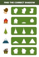 utbildning spel för barn hitta de korrekt skugga silhuett av söt tecknad serie vante bål chirstmasgåva träd berg hus tryckbar vinter- kalkylblad vektor