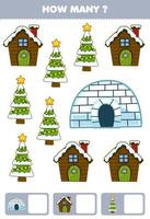 utbildning spel för barn sökande och räkning på vilket sätt många objekt av söt tecknad serie igloo hus jul träd tryckbar vinter- kalkylblad vektor