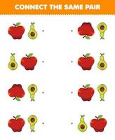 Lernspiel für Kinder Verbinden Sie das gleiche Bild von niedlichem Cartoon-Apfel und Avocado-Paar druckbares Obst-Arbeitsblatt vektor