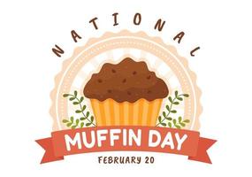 nationaler muffintag am 20. februar mit klassischen muffins des schokoladensplitterlebensmittels köstlich in der gezeichneten schablonenillustration der flachen karikatur hand vektor
