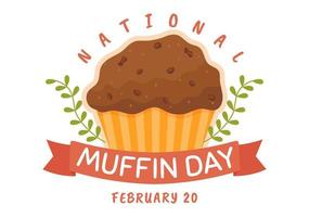 nationaler muffintag am 20. februar mit klassischen muffins des schokoladensplitterlebensmittels köstlich in der gezeichneten schablonenillustration der flachen karikatur hand vektor