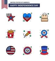 Happy Independence Day USA Packung mit 9 kreativen, flach gefüllten Linien von Festival-Feuerwerkstüten Pommes schnell editierbare USA-Tag-Vektordesign-Elemente vektor