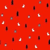 frohes neues jahr und weihnachtsfeier nahtloses muster mit weißer kaninchensilhouette, tannenbaum und geschenkboxen auf rotem hintergrund, heller druck für tapeten, coverdesign, verpackung, feiertagsdekor vektor