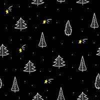 Lycklig ny år och jul firande sömlös mönster med vit stiliserade gran träd gran på svart bakgrund, enkel hand dragen skriva ut för tapet, omslag design, förpackning, interiör dekor vektor
