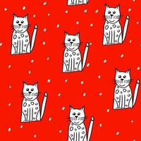 söt sömlös mönster med vit katt och snöflingor, hand dragen klotter illustration för ny år och jul dekoration, tryck som omslag papper, förpackningar och omslag design, vinter högtider bakgrund vektor