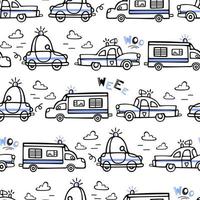Nahtloses Muster von Polizeiautos. Vektor-Doodle-Illustration für Jungen im skandinavischen Stil. die Polizeisirene heult. Transport, Autos fahren auf die Straße. für verpackung, stoff, hintergrund vektor