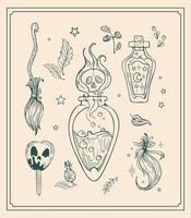 Vektor süße Vintage Set Illustration magische Gegenstände, grafische Zeichnung für Halloween. Walpurgisnacht. Karamellapfel, Totenschädel, Hexentränke, Haarbüschel. für Aufkleber, Poster, Postkarten, Designelemente