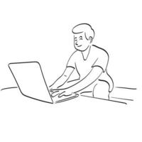 mann, der an laptop-computer auf tisch in seinem haus arbeitet illustration vektor hand gezeichnet isoliert auf weißem hintergrund strichzeichnungen.