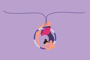 karaktär platt teckning kvinna akrobat utför på antenn ring förbi formning cirkel runt om henne kropp. den tar mod och tar risker. cirkus visa händelse underhållning. tecknad serie design vektor illustration